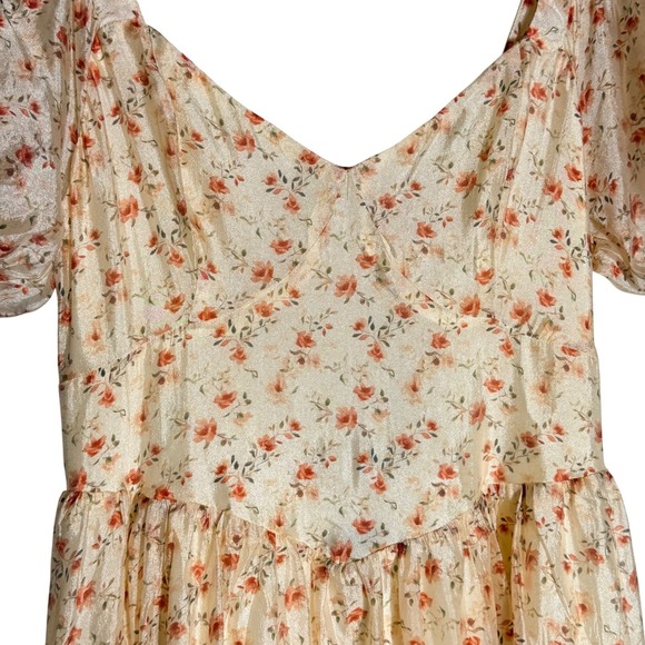 Lulus Floral Puff Sleeve Lace Up Back Midi Dress Womens M Ivory Cottagecore - Picture 4 of 16